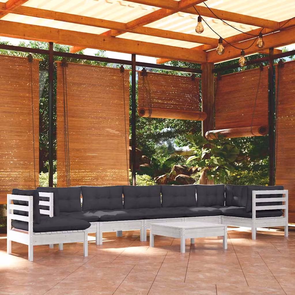 Set di divani da giardino vidaXL 9 pezzi in legno di pino con cuscini bianchi e antracite con configurazione a L e pouf