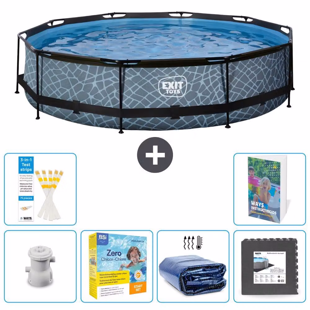 Piscina a sfioro "Exit Pool Rund" - Design effetto pietra - 360x76 cm - 5 pezzi - Modello S285