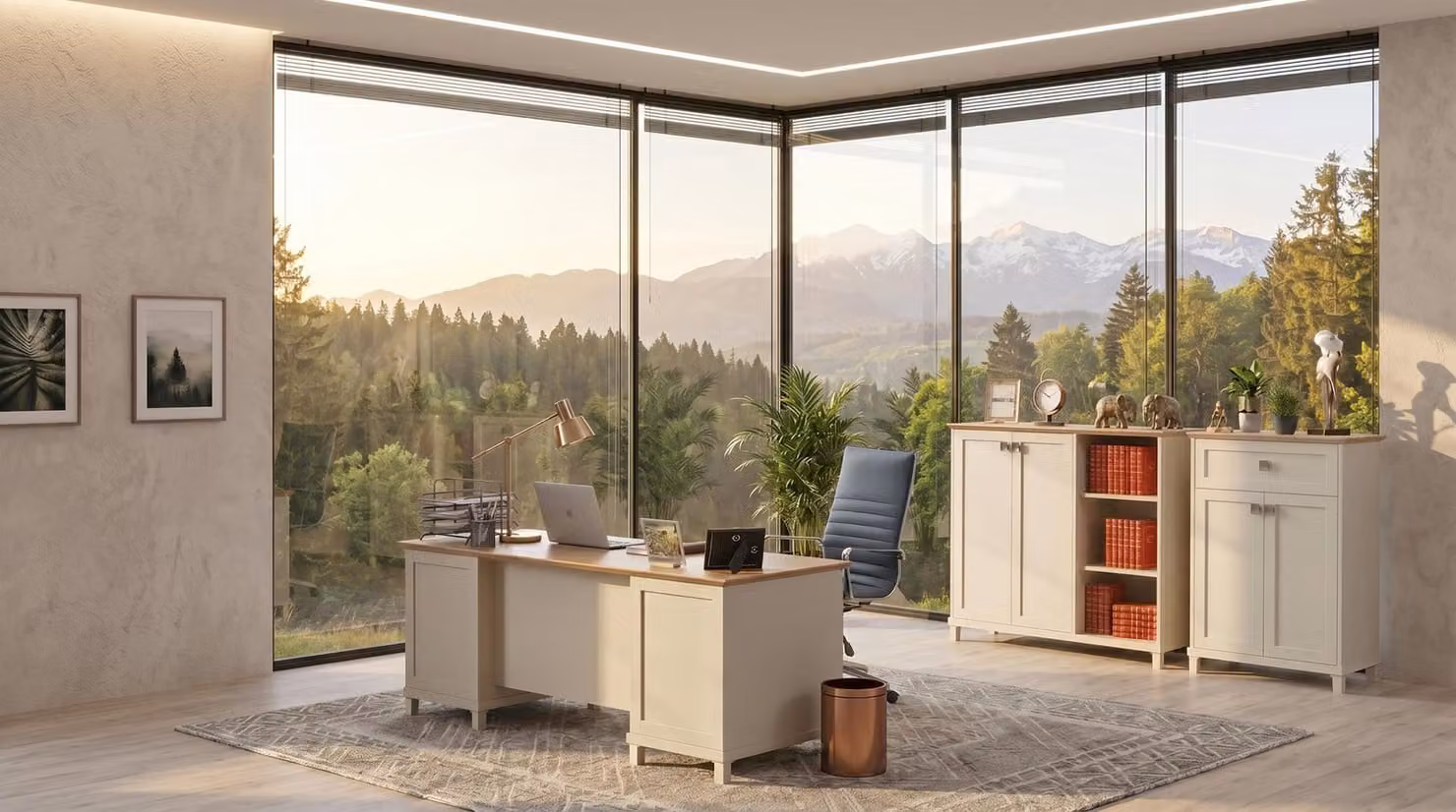 Set da ufficio beige: scrivania, due armadi, stile moderno, ideale per uno studio