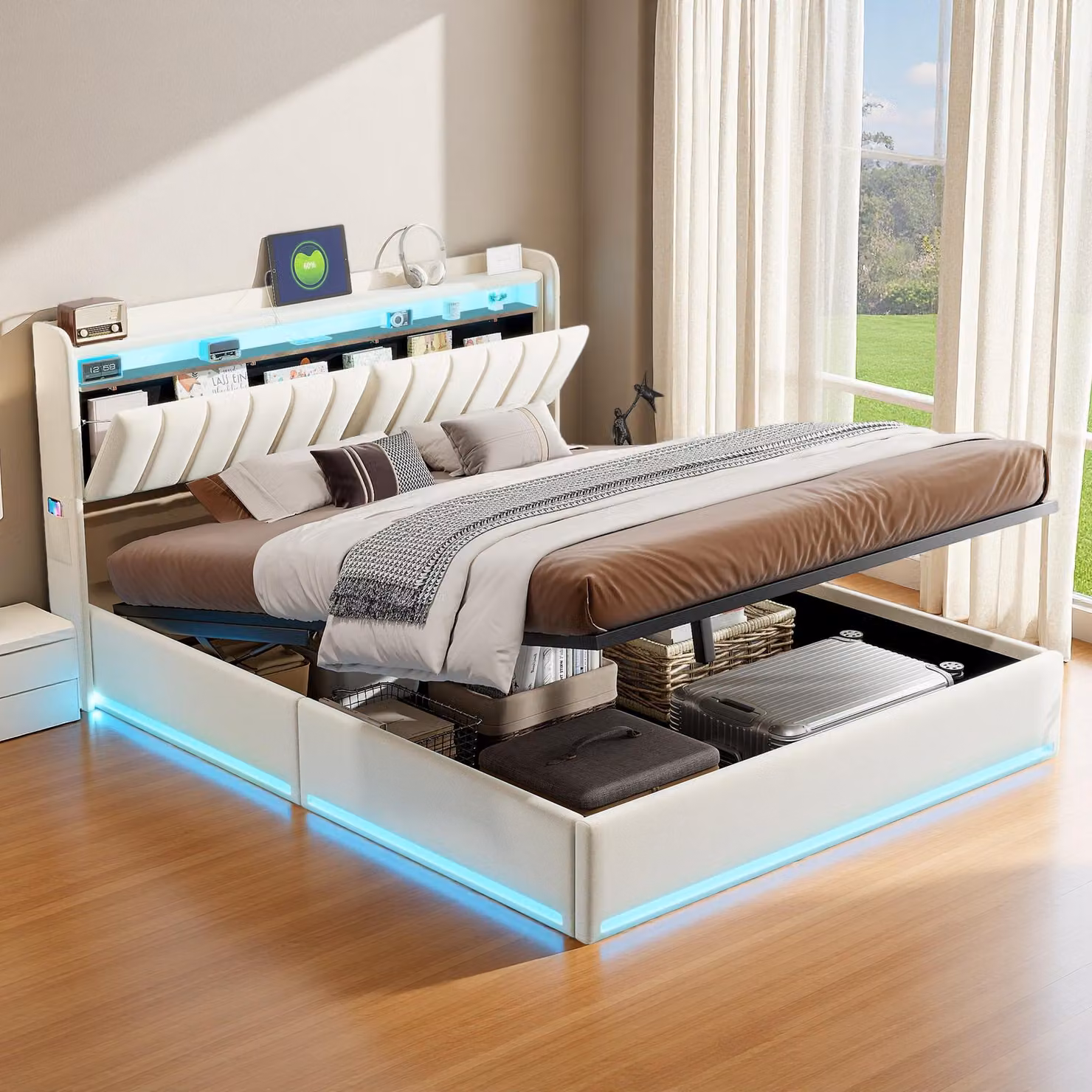 Letto imbottito INONEFT 140x200, letto moderno per giovani con LED e USB, letto con sistema di sollevamento idraulico e contenitore, rivestito in velluto color beige, senza materasso