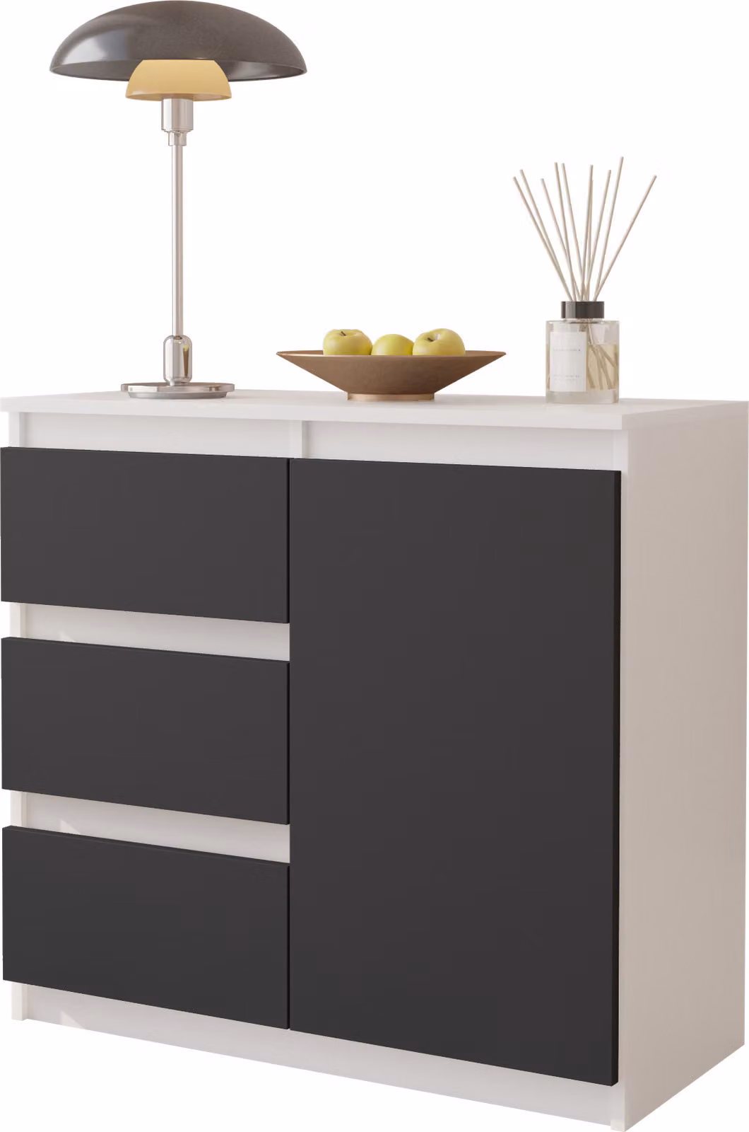 FURNICA - MIKEL - Cassettiera / credenza con 3 cassetti e 1 anta - bianco opaco / grigio antracite H75cm L80cm P35cm
