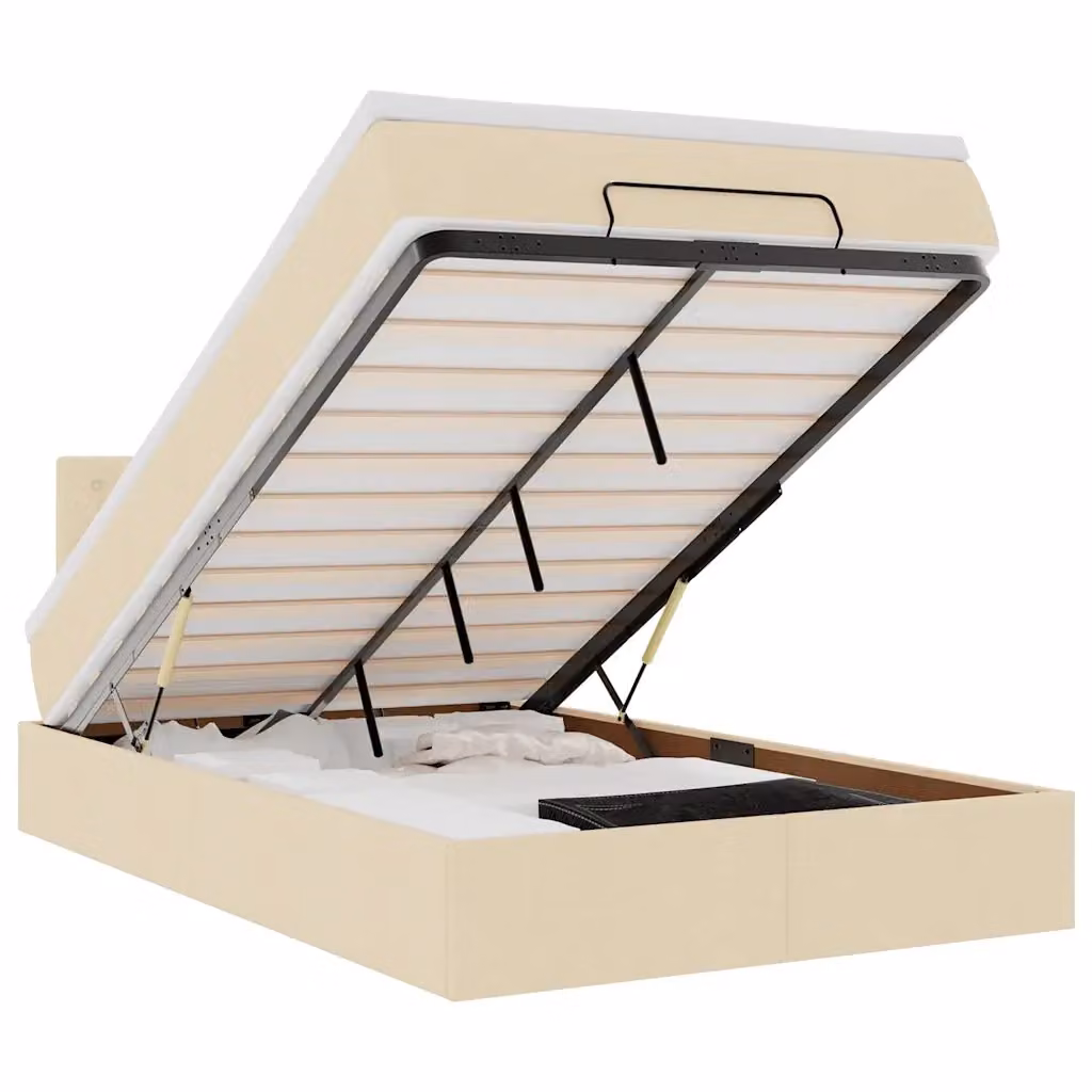 Letto con contenitore a sollevamento e materasso vidaXL in tessuto beige e bianco, L/P/H: 200 x 120 x 88 cm – 2