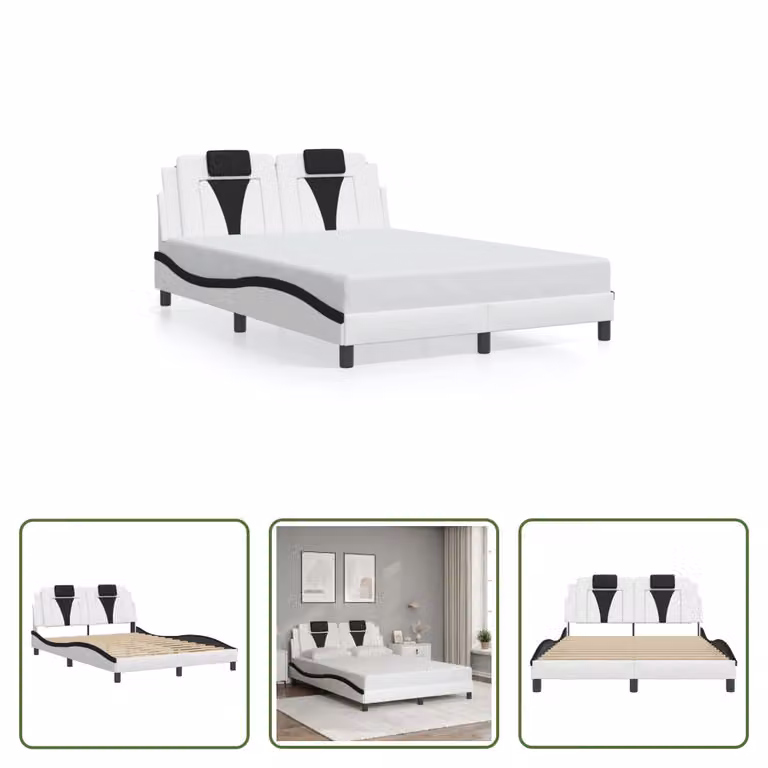 The Living Store Struttura letto con testiera bianca e nera 140x190 cm in ecopelle