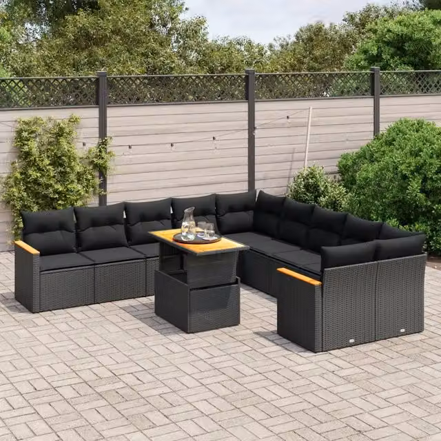 Set di Divani da Giardino Moderno VIDAXL in Polyrattan Nero con Cuscini, Composizione a L da 11 Pezzi – 1