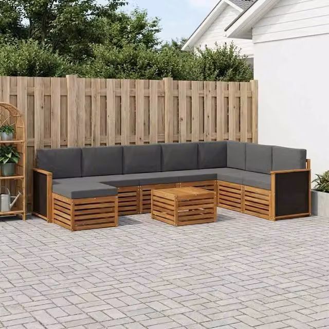 Set di divani da esterno vidaXL in legno di acacia con cuscini beige e antracite, composizione a L con tavolino e pouf