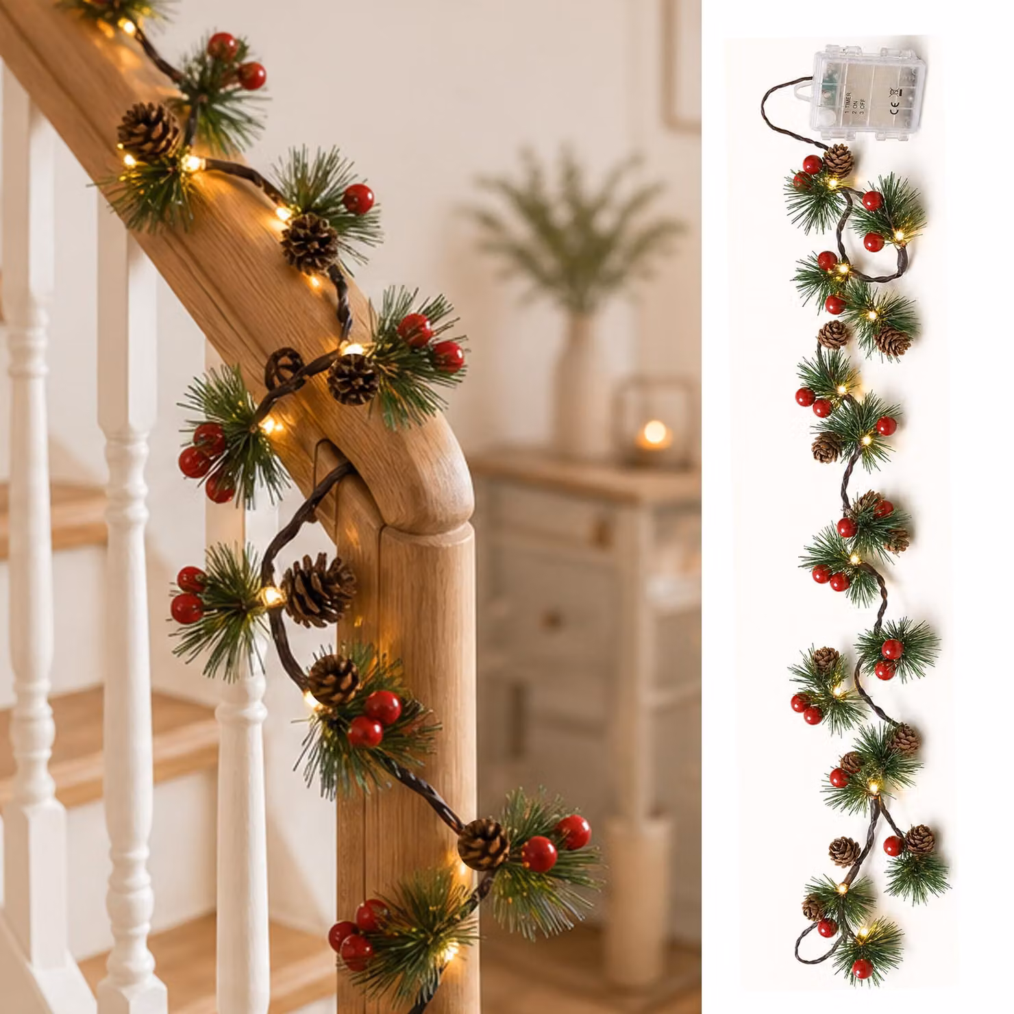 Catena luminosa da 2 metri, con 20 LED bianco caldo, rami di pino, pigne, bacche, timer