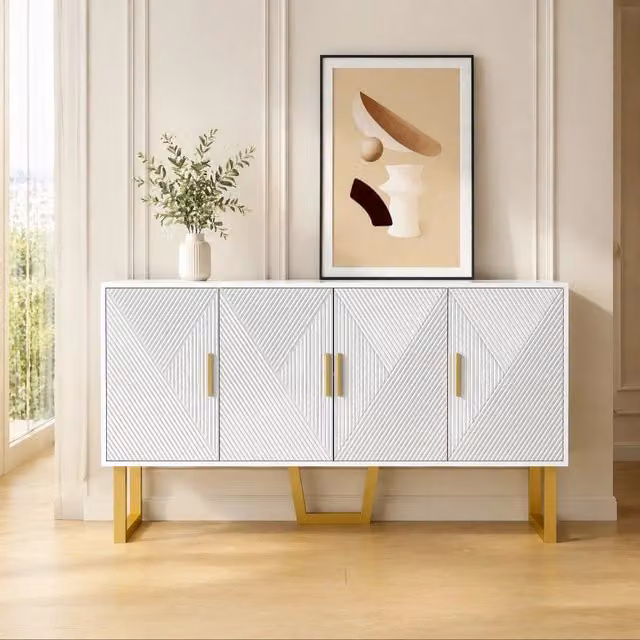 Madia moderna REDOM bianca lucida con maniglie oro, L: 150 cm