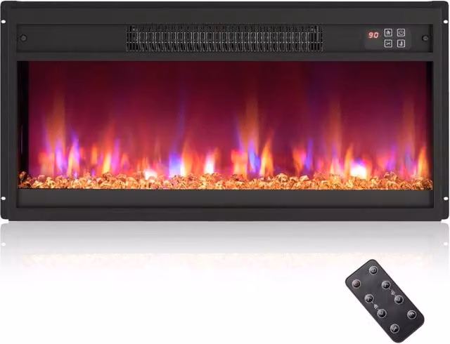 Camino elettrico riscaldatore a incasso 1500w con telecomando, Camino elettrico fiamma regolabile e letto di brace Nero-Caminetto elettrico