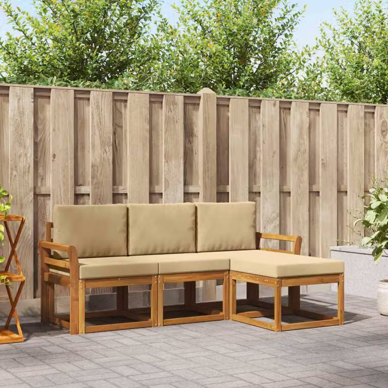 Set di divani da esterno vidaXL a forma di L in legno di acacia con pouf e cuscini, Naturale e Beige