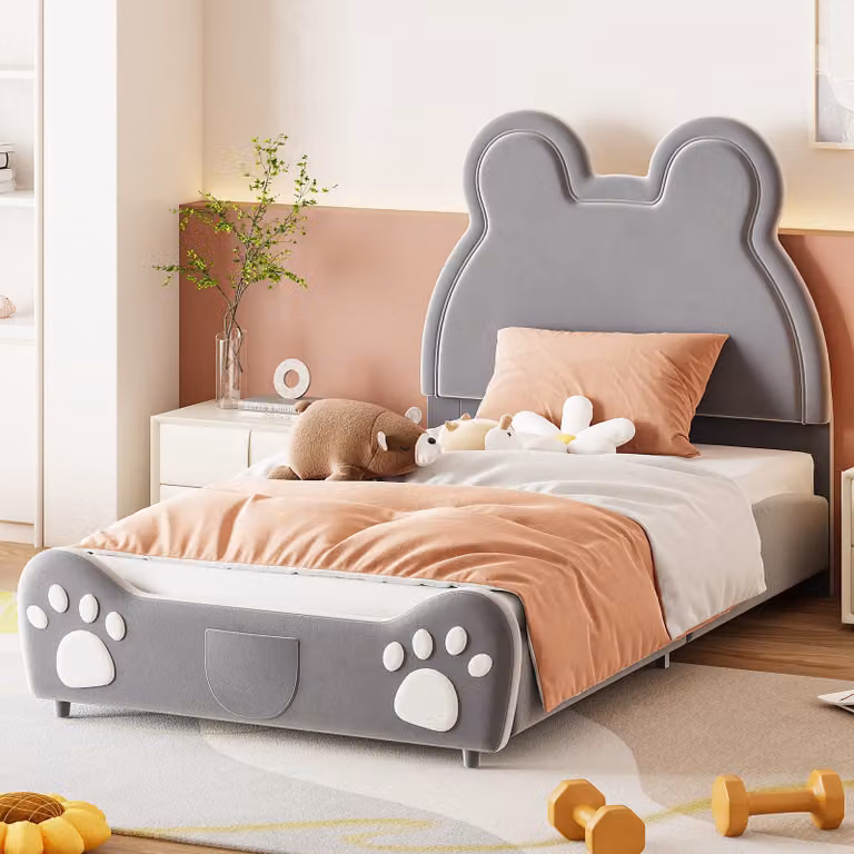 Letto imbottito Fortuna Lai 90x200cm, letto per bambini a forma di orso, letto singolo in tessuto vellutato skin-friendly, grigio