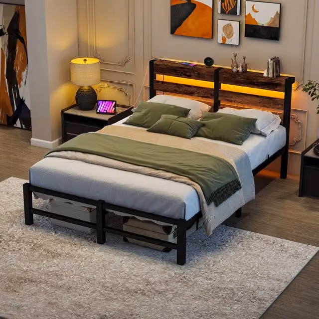 Letto con LED RGB e 2 porte USB; struttura in metallo e legno; spazio sottoletto di 27 cm; nero marrone