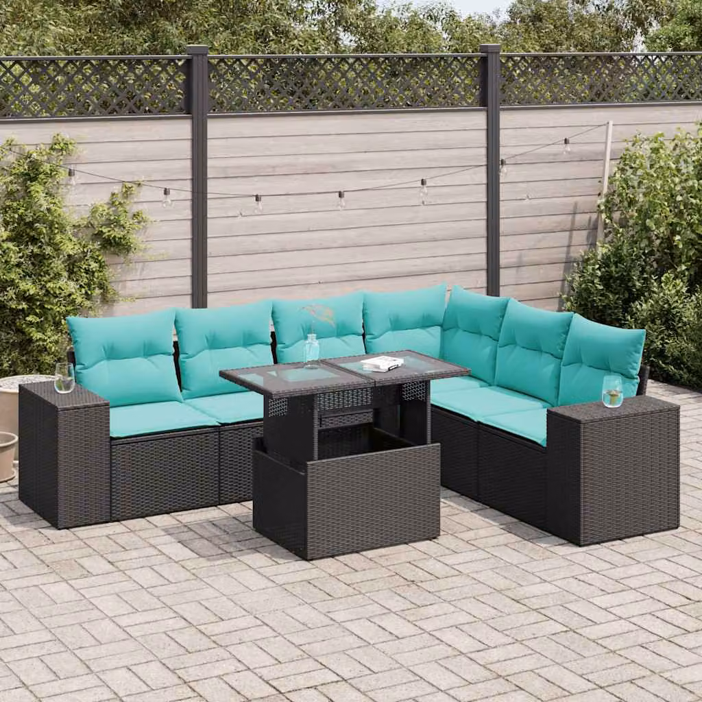 Set Divani da Giardino vidaXL 7 Pezzi in Polyrattan con Cuscini e Tavolino da Esterno a Forma di U Nero
