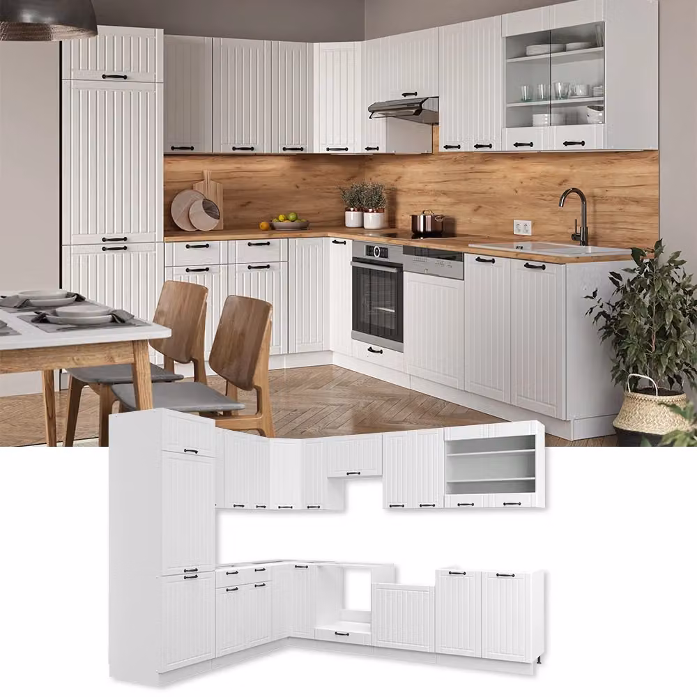 Cucina angolare completa Fame-Line Vicco Bianco rustico con piano in effetto marmo, L/P/H: 287 x 227 x 60 cm – 2