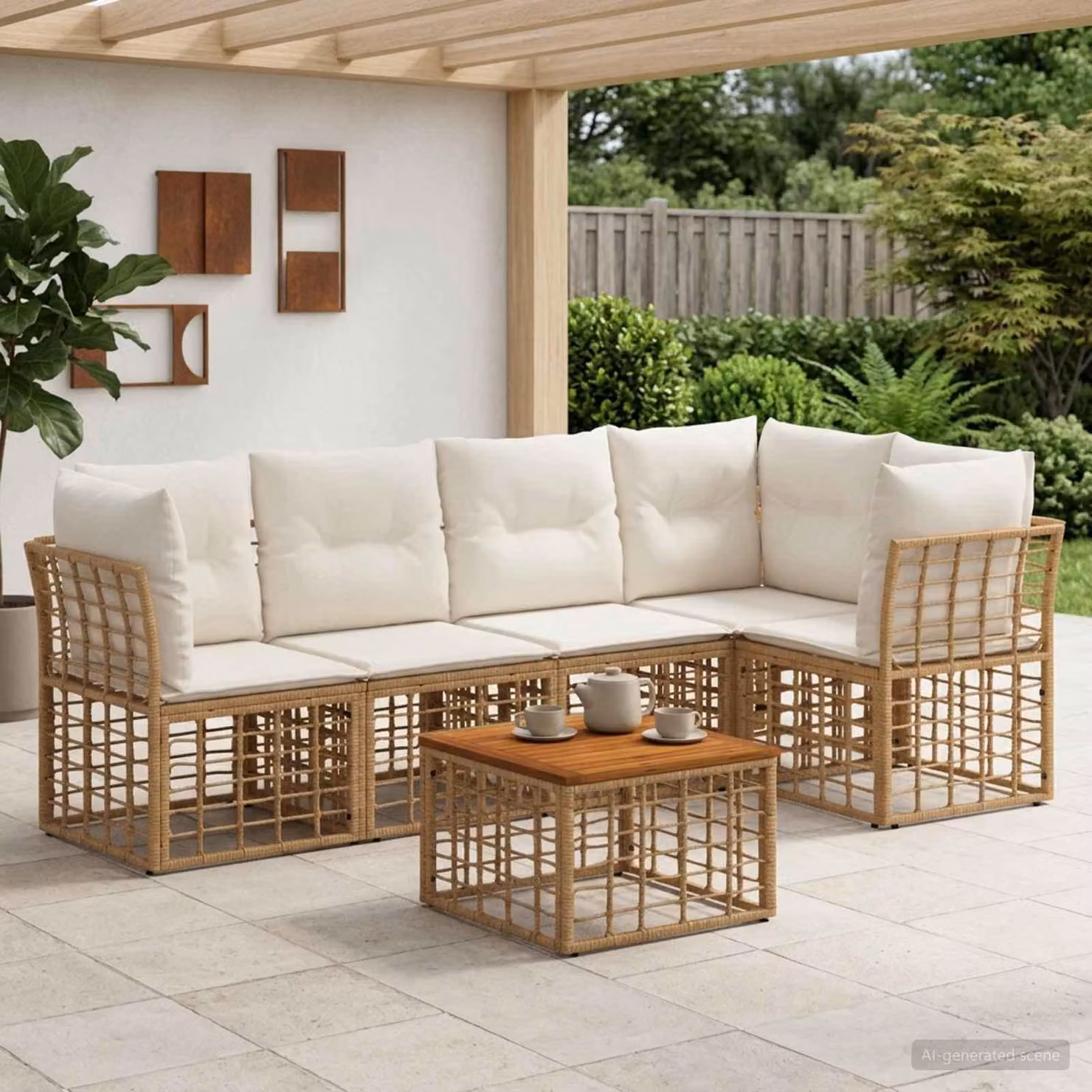 Maison Exclusive - Set da esterno per divano, 6 pezzi. Tessuto in poliestere, colore naturale e bianco crema