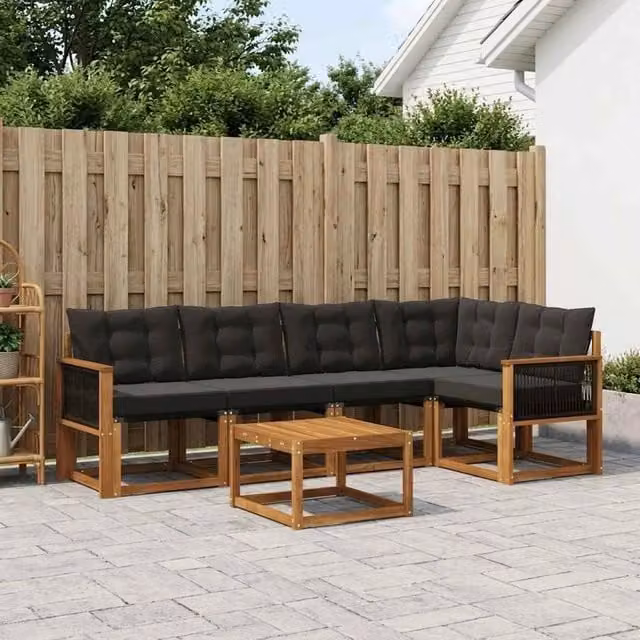 Set di divani da esterno a L con tavolino vidaXL in legno di acacia e textilene, colore marrone e nero – 1