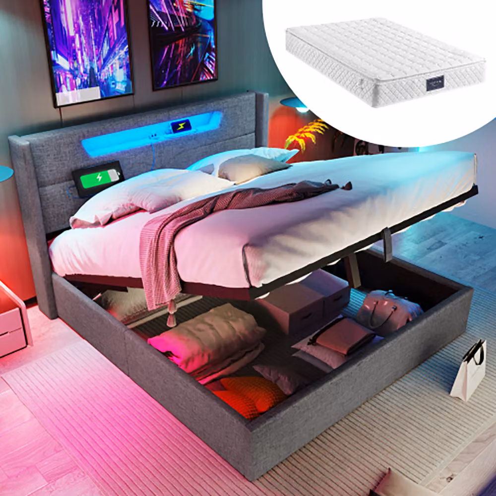 Letto imbottito Sweiko 140x200cm Letto matrimoniale a LED con funzione di ricarica USB tipo C, letto contenitore Struttura letto in materiale di lino letto per ragazzi (con materasso)