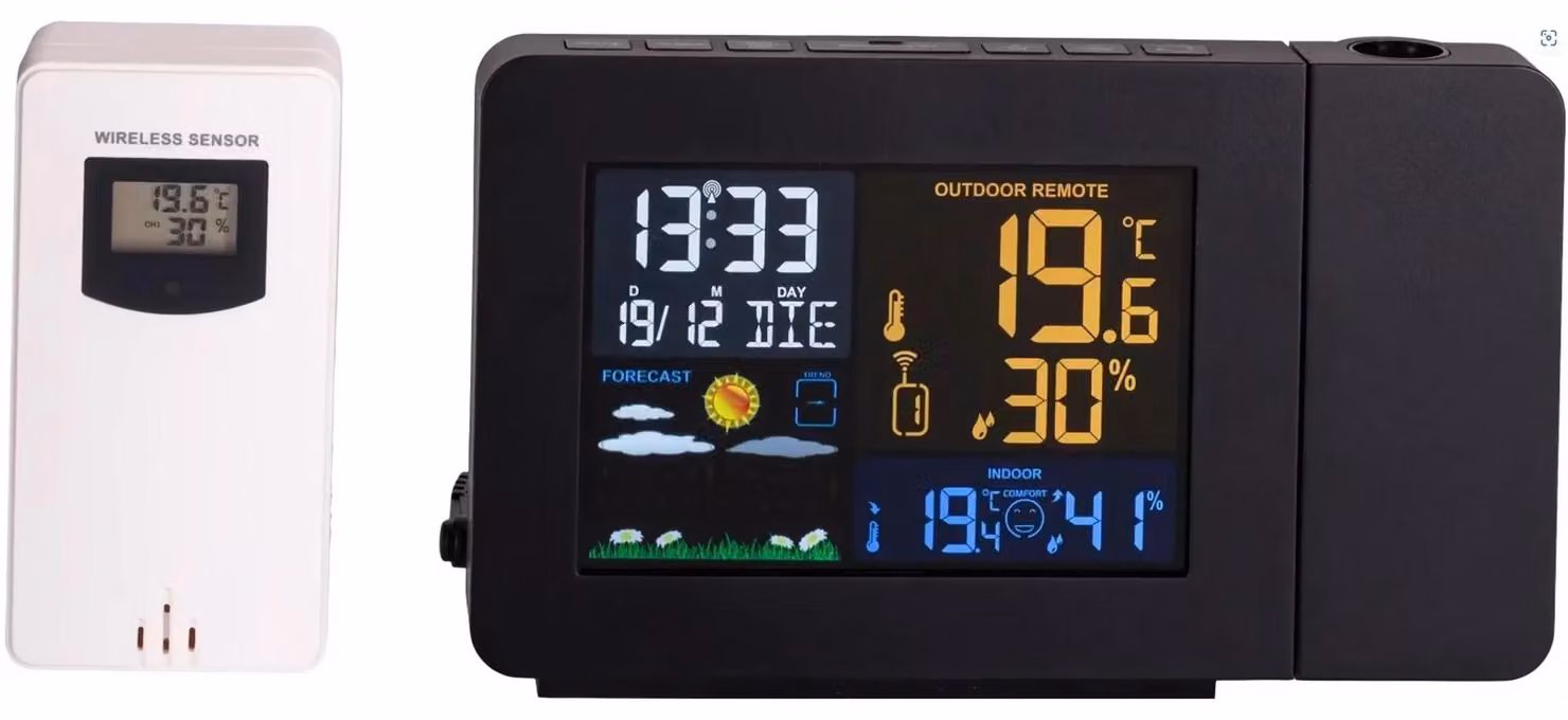Stazione meteo con proiezione LED, display a colori, termometro e sveglia