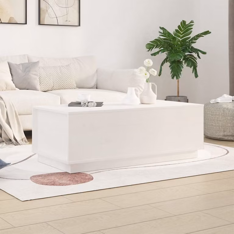 The Living Store Tavolino bianco 100x50x35 cm in legno di pino massiccio