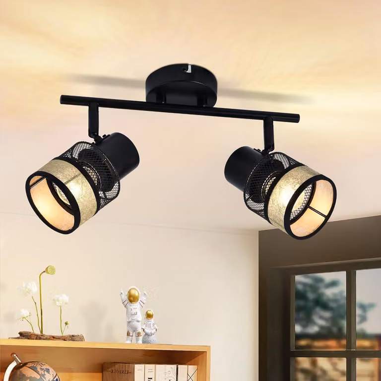 ZMH Plafoniera a due luci, nera, stile vintage, adatta per corridoi, realizzata in metallo, con attacco E27, orientabile a 330°, massima potenza 25W LED. Lampada da soffitto con paralume in tessuto dorato, ideale per soggiorno e cucina