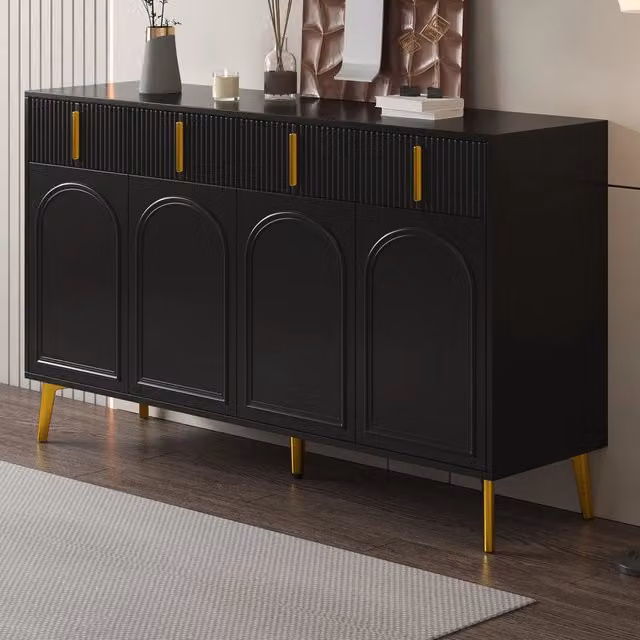 Credenza e madia con 4 ante 4 cassetti e ripiani regolabili per soggiorno e sala da pranzo in mdf nero 140 × 38 × 82 cm