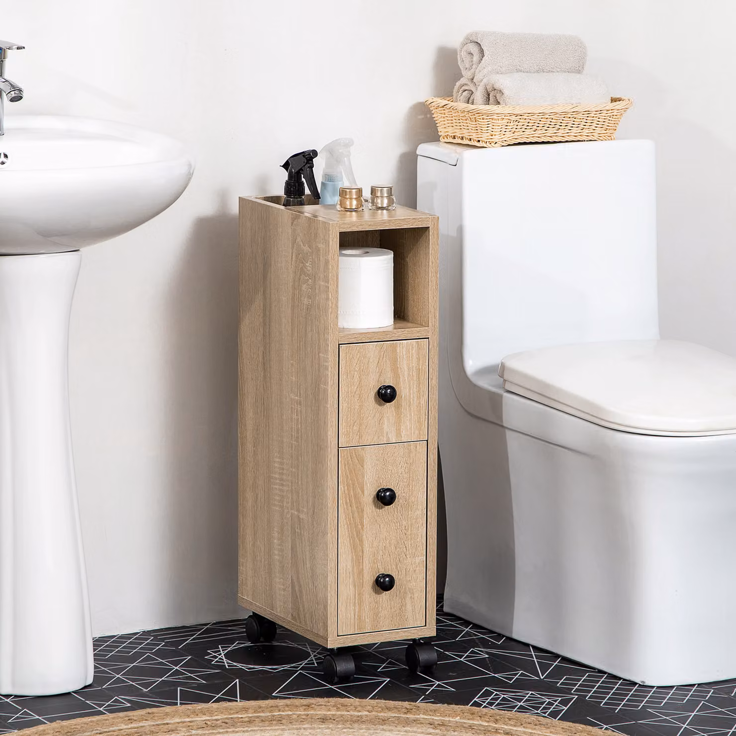 Mobiletto Bagno Salvaspazio Kleankin con Cassetto e Ruote, Armadietto a Colonna con Ripiano Aperto, Rovere, L: 18 cm, P: 30 cm, H: 68.5 cm – 2