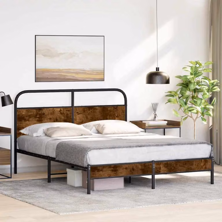 Giroletto vidaXL senza materasso in truciolato e metallo, Rovere Fumo, L 160 x P 200 cm