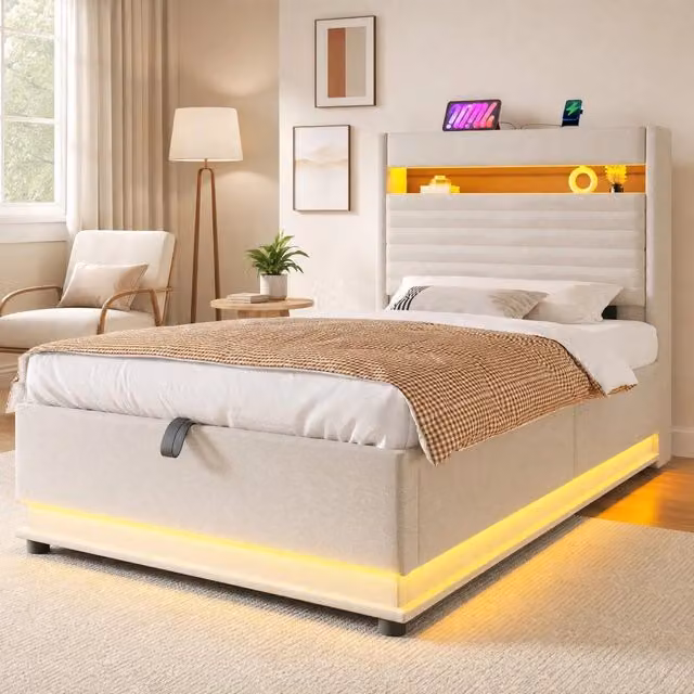 Letto singolo contenitore 90x200 cm con LED, USB e USB-C beige HAVRYA
