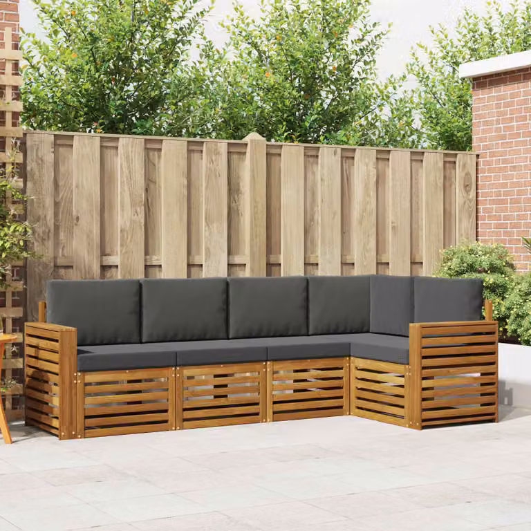 Set di divani da esterno vidaXL a forma di L composto da 5 pezzi in legno di acacia con cuscini in poliestere antracite e beige