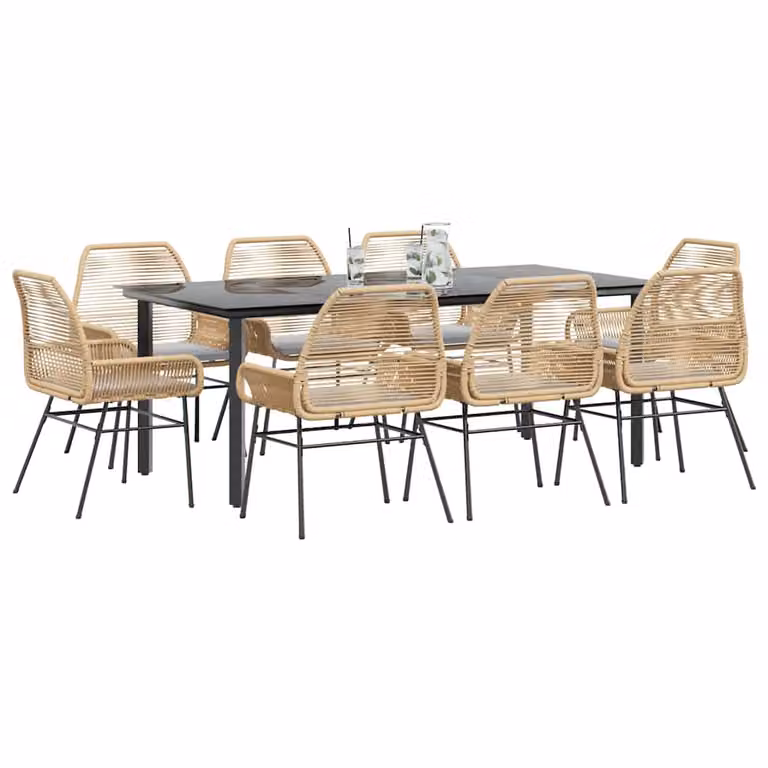 Set da pranzo da giardino vidaXL in polyrattan con tavolo in vetro e 9 cuscini, disponibile in nero, marrone o grigio
