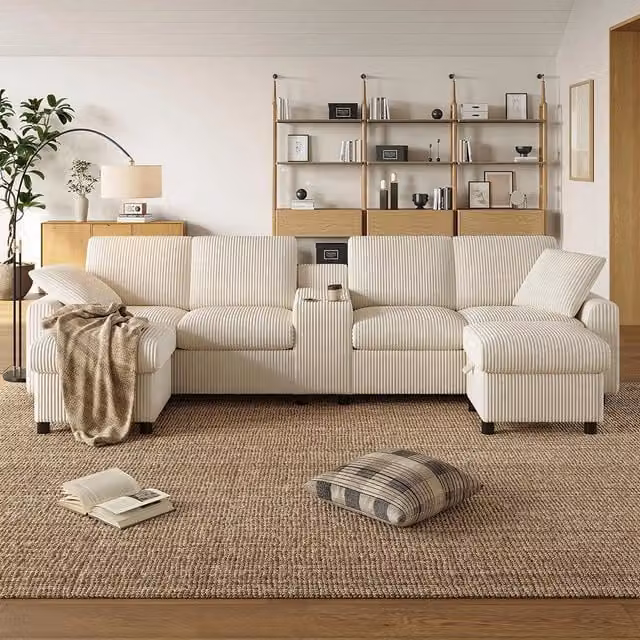 Divano a U in velluto - Xylo - Con 2 poggiapiedi, USB, Type-C, beige (315cm)