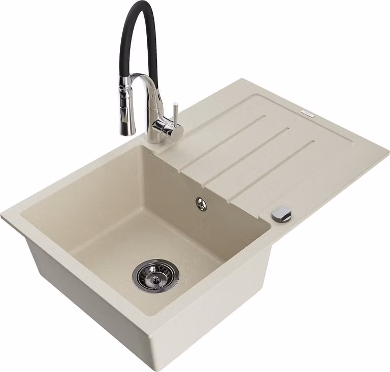 Mexen Bruno lavello in granito a 1 vasca con gocciolatoio e rubinetto da cucina Aster, beige - 6513-69-73450-07-B
