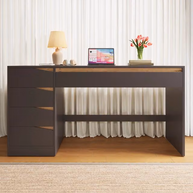 Scrivania dritta con 5 cassetti in MDF grigio con dettagli effetto rovere 140 × 50 × 78 cm