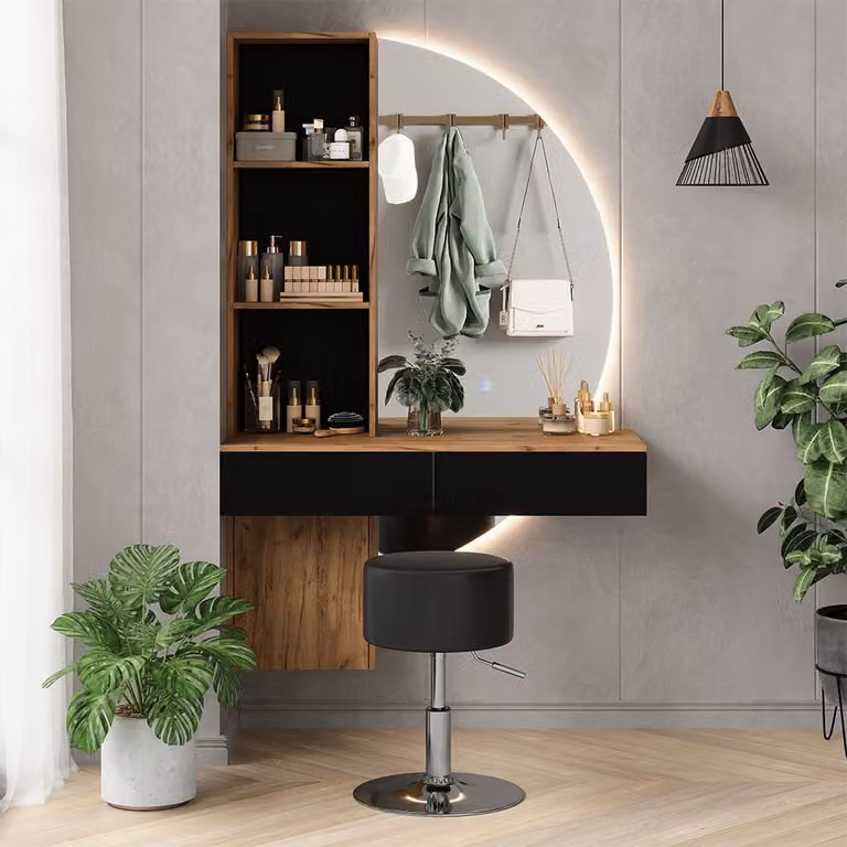 Tavolo da toeletta Vicco Melora Rovere/Nero 100 cm con specchio LED e sgabello, Model 58452