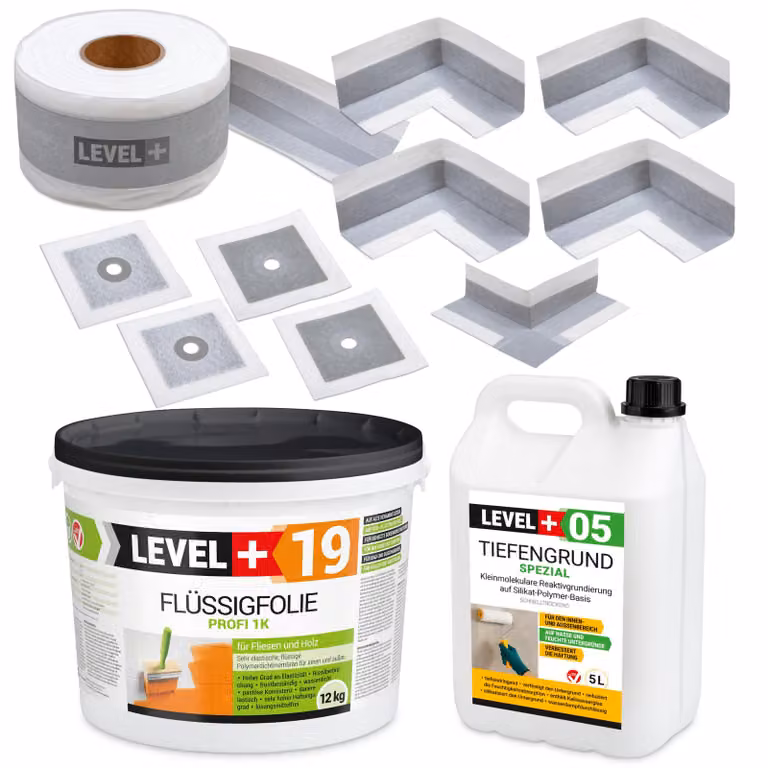 Kit impermeabilizzante: Membrana liquida 12 kg, Nastro 15 m, Primer 5 l, Manicotti, Angoli, Bagno LEVEL+ SET520