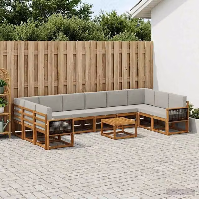 Set di divani da esterno vidaXL in legno di acacia con cuscini, composizione a forma di U con tavolino, colore marrone e grigio