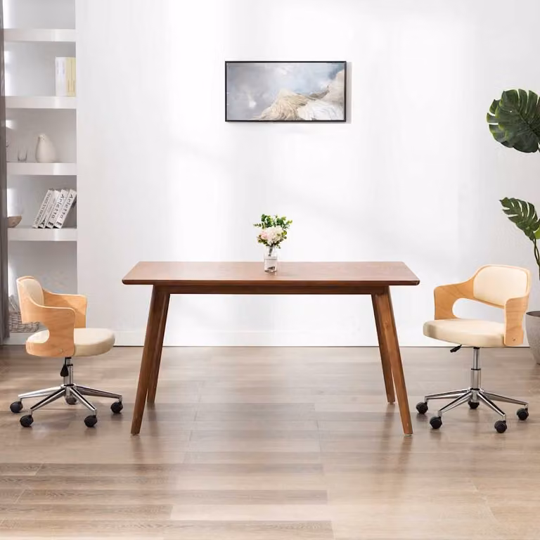 Sedia da ufficio girevole vidaXL in similpelle beige e legno con ruote per home office e soggiorno