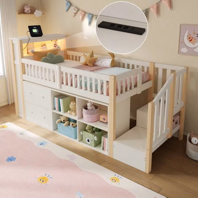 Letto a soppalco 90x200 cm con scrivania, LED e vani