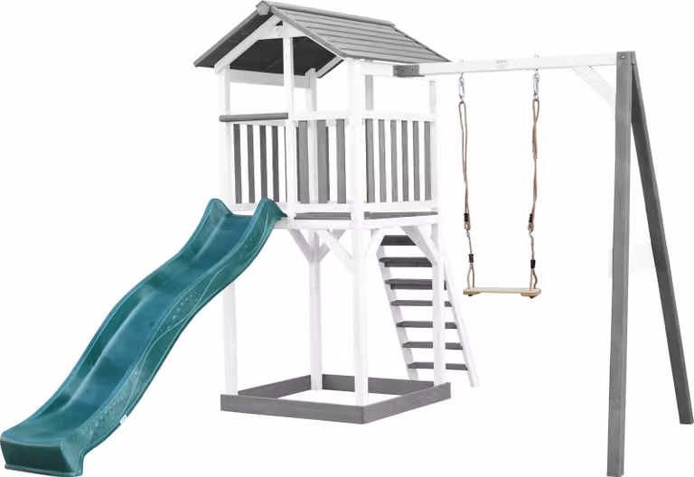 AXI Beach Tower parco giochi in legno in grigio e bianco | Torre di gioco per bambini con sabbiera, altalena e scivolo verde | Casa per bambini su palafitte per il giardino