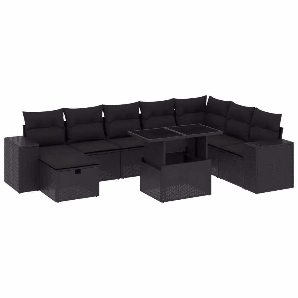 Set di divani da giardino vidaXL 9 pezzi in polyrattan nero con cuscini e tavolino da esterno – 2