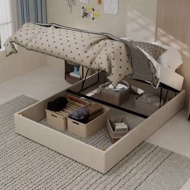 Letto matrimoniale 140 × 200 cm senza testiera e materasso, struttura stabile, beige, in tessuto e metallo