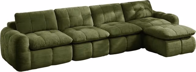Divano modulare angolare senza telaio 4 posti in chenille verde, con pouf, dimensioni 334x160x68 cm