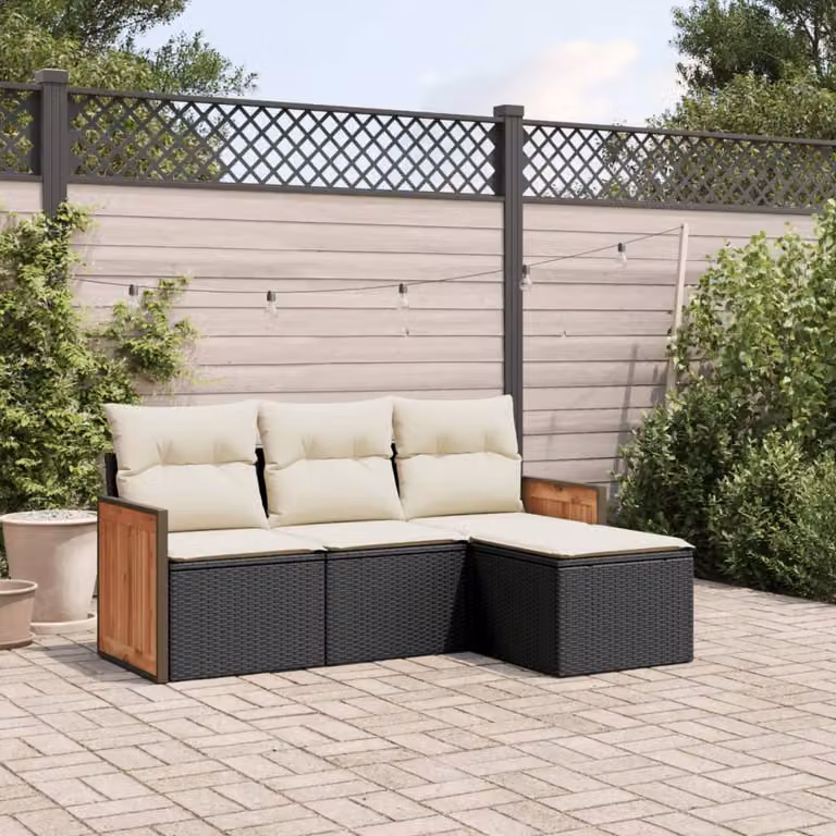Set di divani da giardino vidaXL a forma di L composto da 4 pezzi in polyrattan nero con cuscini inclusi