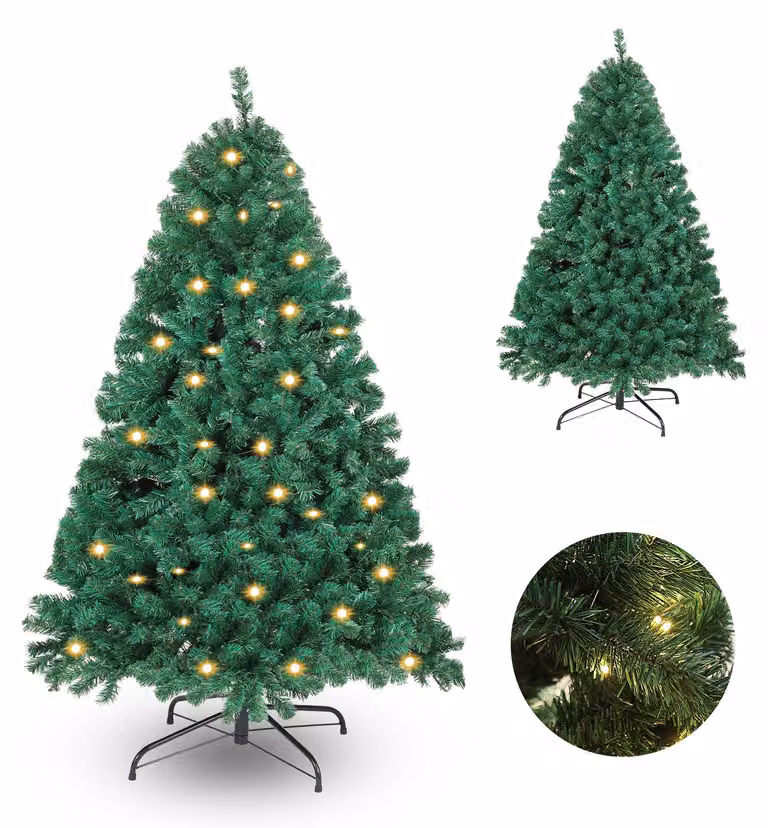 Albero di Natale Ikodm, altezza 120 cm, con illuminazione a LED, 150 luci bianche calde, 340 punte, albero di abete artificiale con base in metallo