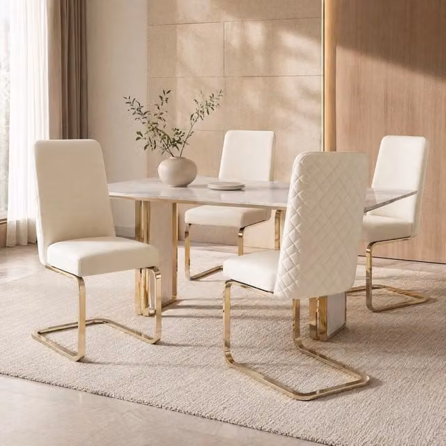 Set da 2 sedie da pranzo in velluto beige con gambe metalliche dorate e schienale a diamante