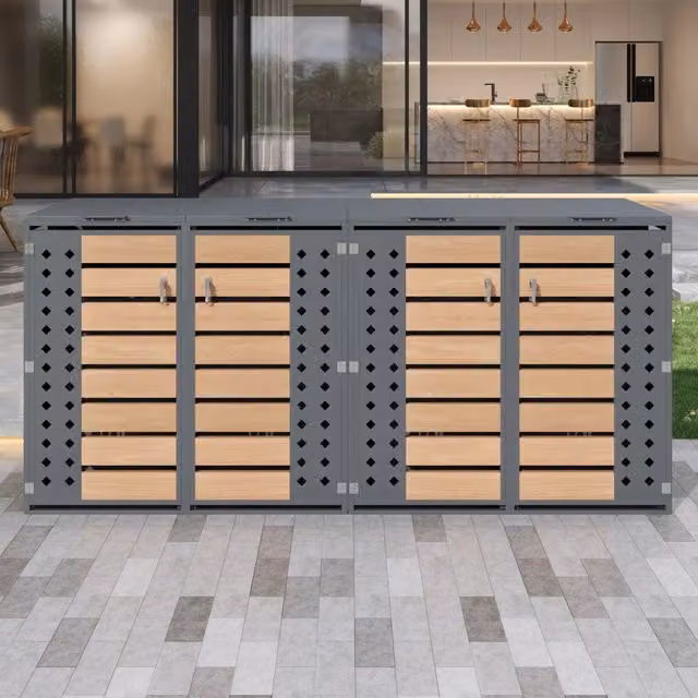 Box per bidoni della spazzatura con 4 porte, pannello porta a rombo, coperchio ribaltabile e chiusura a chiave