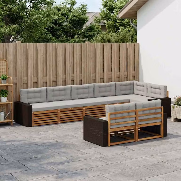 vidaXL Set di divani da esterno 8 pz in legno di acacia con cuscini, modello a L, marrone e grigio