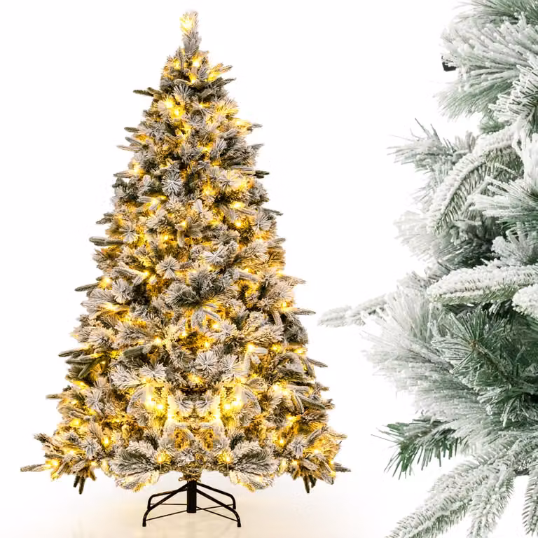 COSTWAY Albero di Natale artificiale 180cm con neve, albero di Natale con 250 LED bianco caldo, 752 punte di rami misti, albero di Natale artificiale