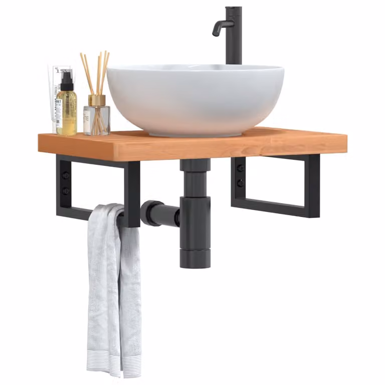 vidaXL Ripiano a Parete per Lavabo in Faggio Massello e Metallo, Nero e Marrone, L: 60 cm, H: 40 cm, P: 19 cm