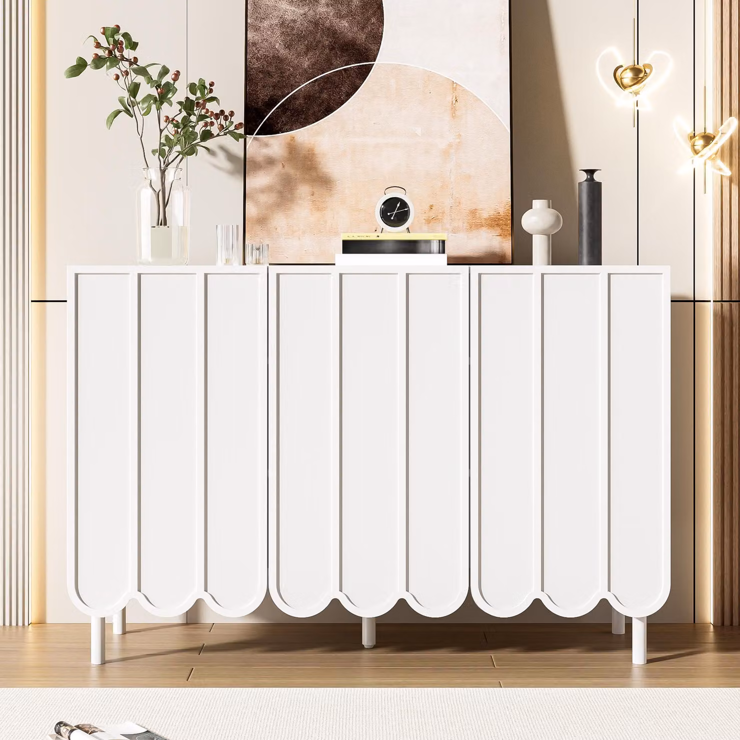 Credenza senza maniglie con ante a onda, effetto legno, 120×35×80 cm, moderna