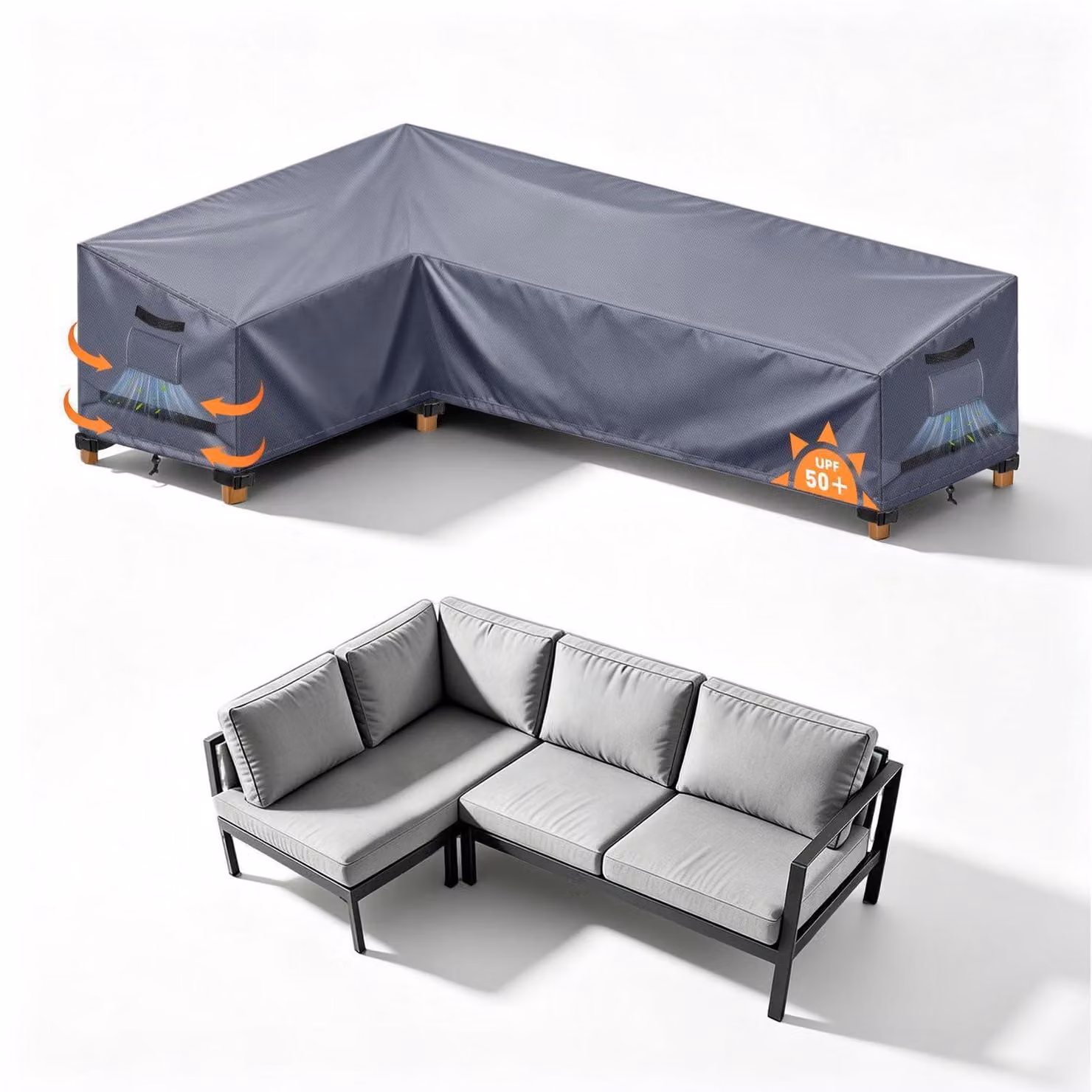 Copertura per mobili da giardino, divani da esterno a forma di L, impermeabile, grigia, dimensioni 140x210x90x80/65 cm, tessuto Oxford 420D